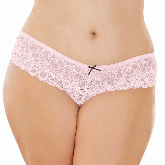 Stretch Lace Boyshort with Bows Womens Plus Size 3x4x Ruby Red Crotchless Panty - Picture 9 of 10